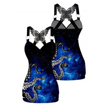 Galaxy Octopus Pattern Ruched Butterfly Lace Tank Top Cross O Ring Surplice Summer Top