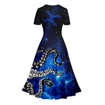 Galaxy Octopus Print V Neck Surplice Dress and Roll Up Sleeve Shirt Outfit