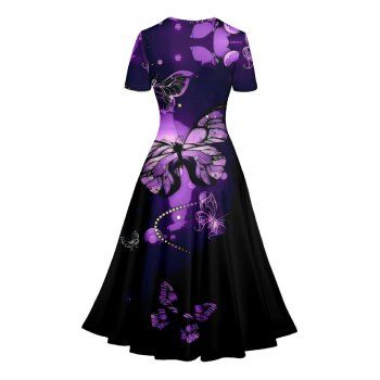 Butterfly Floral Print V Neck Short Sleeve Surplice Dress High Waist A-line Dress