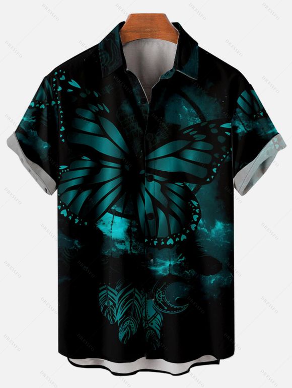 Chemise Décontractée Boutonnée Papillon Imprimé à Manches Roulées - Noir S