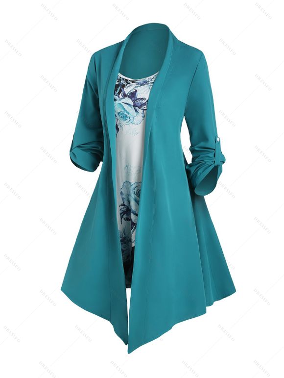 Ensemble de Cardigan Ouvert en Avant à Manches Roulées et de Robe Fleurie Imprimée sans Manches - Vert S | US 4