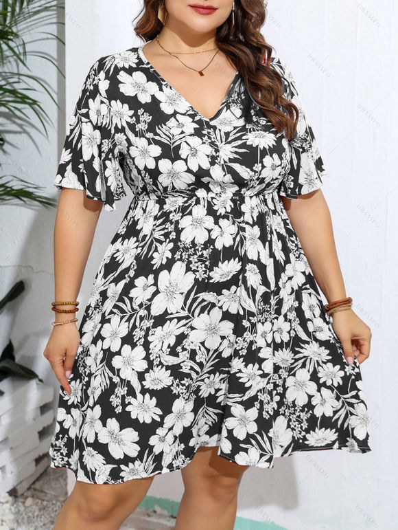 Robe Courte Fleurie Imprimée Manches Evasées à Taille Haute de Grande Taille à Col V - Noir 3XL | US 20