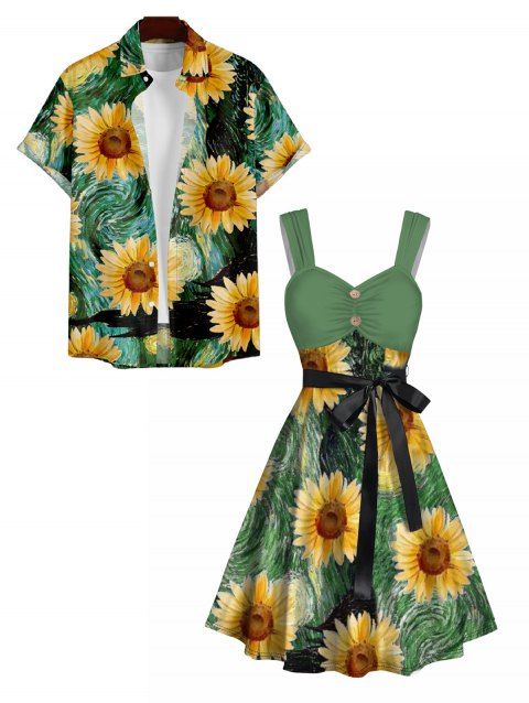 Van Gogh Sunflower Print Women's Sweetheart Neck Mock Button Dress and Men's Button Up Shirt Resort Hawaii Outfit
