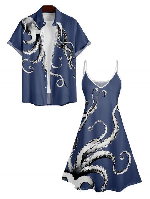 Robe Trapèze à Col en V à Taille Haute et à Bretelles Spaghetti avec Imprimé Pieuvre