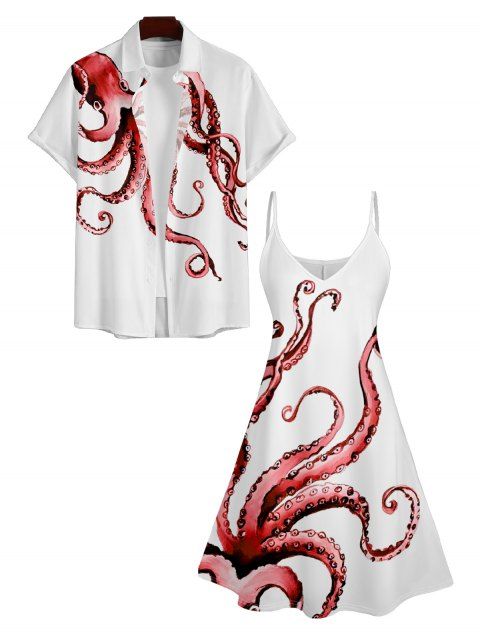 Robe Trapèze à Col en V à Taille Haute et à Bretelles Spaghetti avec Imprimé Pieuvre