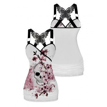 Skull Plum Blossom Print Ruched Butterfly Lace Tank Top and Roll Up Sleeve Shirt Outfit