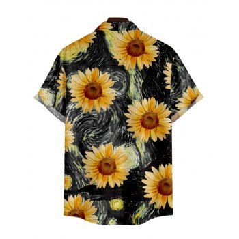 Men's Van Gogh Sunflower Print Roll Up Sleeve Shirt Button Up Short Sleeve Casual Gentleman Shirt