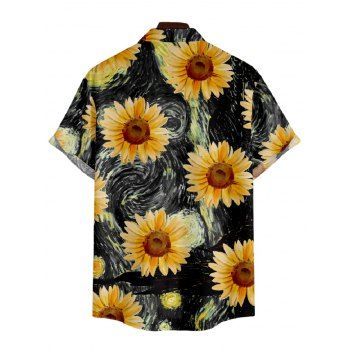 Van Gogh Sunflower Print Women's Sweetheart Neck Mock Button Dress and Men's Button Up Shirt Outfit