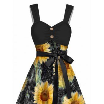 Sweetheart Neck Van Gogh Sunflower Print Mock Button Ruched Bust Tank Belt Renaissance Dress