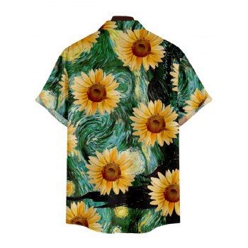 Van Gogh Sunflower Print Women's Sweetheart Neck Mock Button Dress and Men's Button Up Shirt Resort Hawaii Outfit
