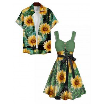 Van Gogh Sunflower Print Women's Sweetheart Neck Mock Button Dress and Men's Button Up Shirt Resort Hawaii Outfit
