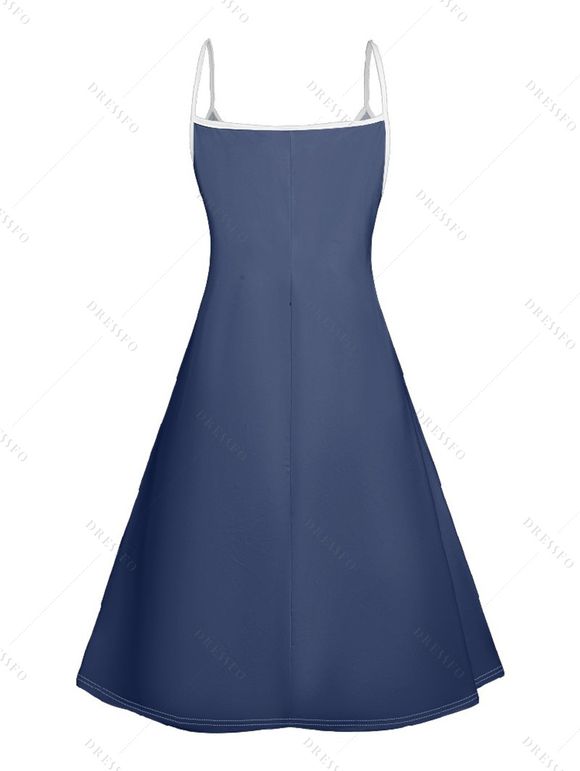 Robe D'Eté Ligne A à Bretelle Fine Pieuvre Imprimée à Taille Haute sans Manches - Bleu profond L | US 8-10
