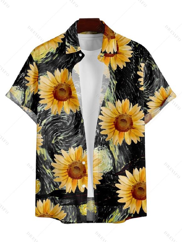 Chemise Décontractée Chaussette de Blouson Feuille Tropicale Imprimée Boutonnée à Manches Courtes pour Homme - Noir 5XL