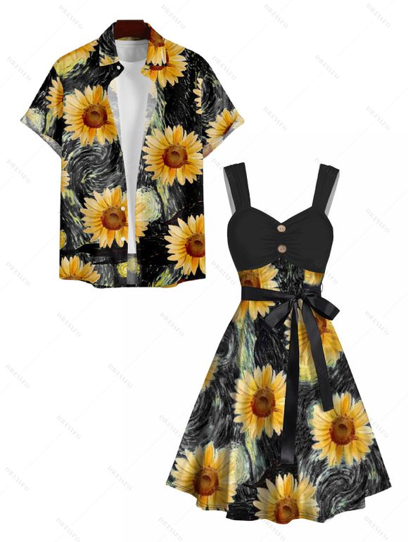 Robe Plissée Tournesol Imprimé avec Bouton à Col en Forme de Cœur pour Femme - Noir S | US 4