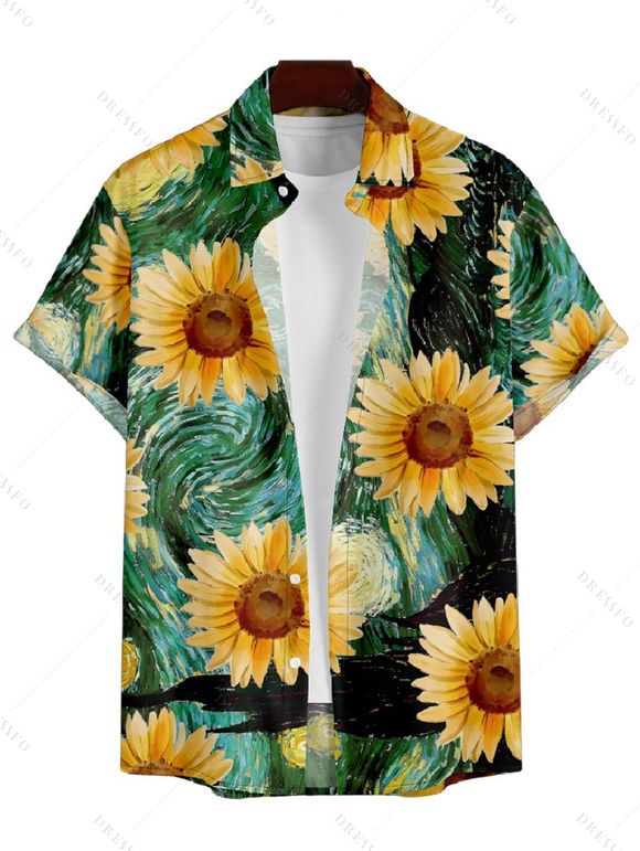 Robe T-shirt Imprimé Tournesol avec Boutons à Manches Courtes pour Femme - Vert profond S | US 4