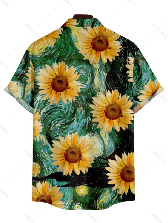 Robe T-shirt Imprimé Tournesol avec Boutons à Manches Courtes pour Femme - Vert profond S | US 4