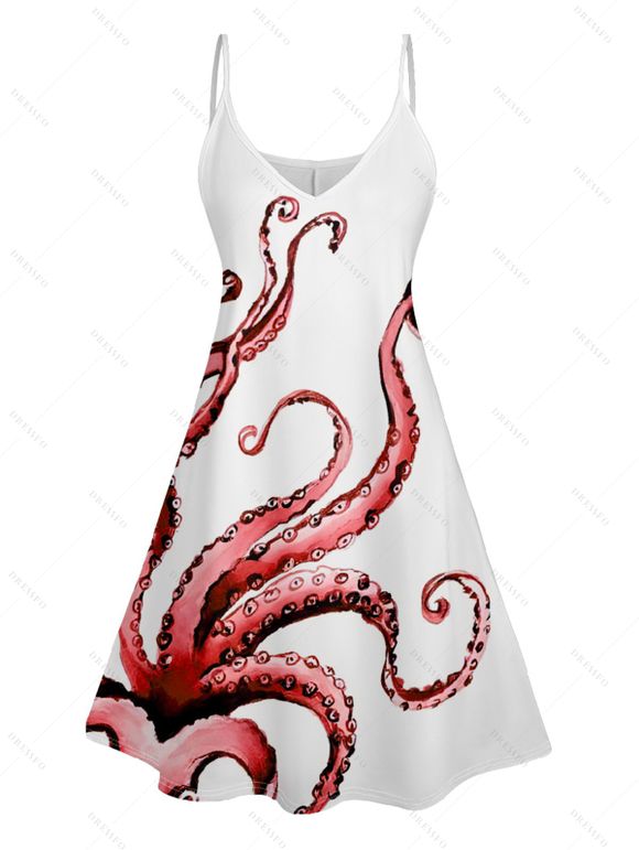 Robe Trapèze à Col en V à Taille Haute et à Bretelles Spaghetti avec Imprimé Pieuvre - Rouge foncé S | US 4