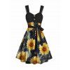 Robe Irrégulière Tournesol Imprimé avec Bouton de Poitrine sans Manches - Noir M | US 6