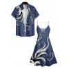 Robe Trapèze à Col en V à Taille Haute et à Bretelles Spaghetti avec Imprimé Pieuvre - Bleu profond S | US 4