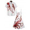 Octopus Print V Neck High Waist Spaghetti Strap Dress and Roll Up Sleeve Shirt Hawaii Outfit