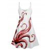 Robe Trapèze à Col en V à Taille Haute et à Bretelles Spaghetti avec Imprimé Pieuvre - Rouge foncé S | US 4