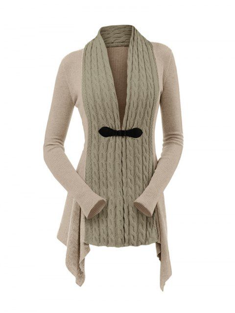 Cable Knit Asymmetrical Cardigan Plain Color Buckle Long Sleeve Cardigan