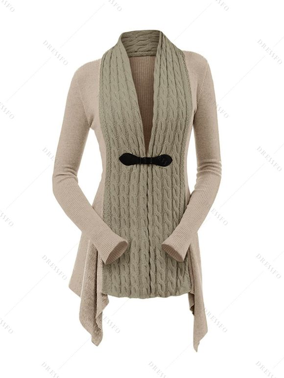 Cardigan Asymétrique Bouclé en Tricot à Câble en Couleur Unie à Manches Longues - café lumière M