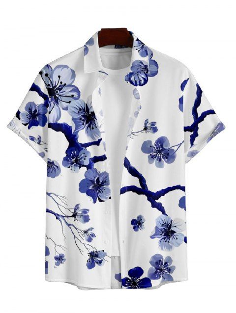 Chemise Décontractée Fleur de Prunier Imprimée Boutonnée à Manches Courtes