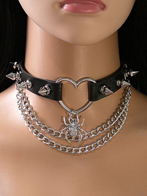 Collier Chaîne D'Araignée Gothique Cœur avec Rivet