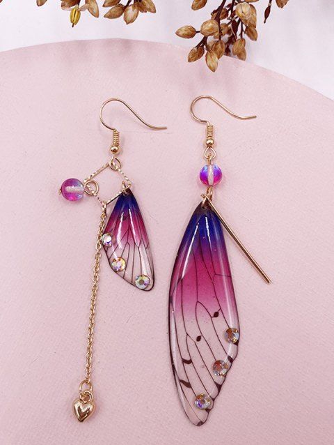 Boucles D'Oreilles Asymétriques Motif Barre Cœur et Papillon avec Chaîne