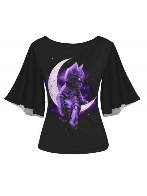 T-shirt D'Eté Chat Lune Galaxie Imprimés Manches Evasées à Col Rond