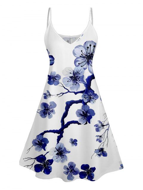 Robe D'Eté Ligne A Fleur de Prunier Imprimée à Bretelle Fine sans Manches