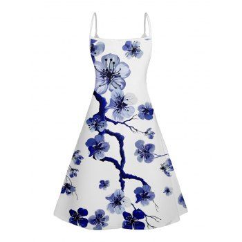 Plum Blossom Print V Neck Spaghetti Strap Dress Sleeveless Summer A Line Cami Dress