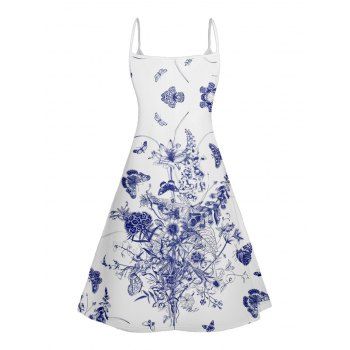 Floral Butterfly Print V Neck Spaghetti Strap Dress Sleeveless Summer A Line Cami Dress