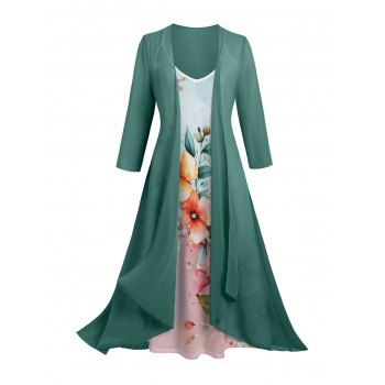Sheer Solid Open Front Chiffon Bracelet Sleeve Cardigan and Beautiful Floral Butterfly Print Cami Dress Suit 