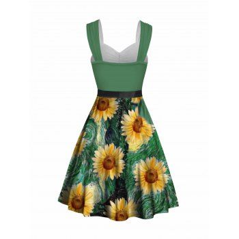 Sweetheart Neck Van Gogh Sunflower Print Mock Button Ruched Bust Tank Belt Renaissance Dress