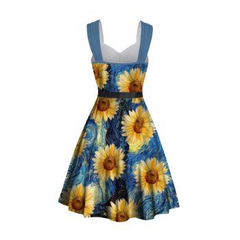 Sweetheart Neck Van Gogh Sunflower Print Mock Button Ruched Bust Tank Belt Renaissance Dress 