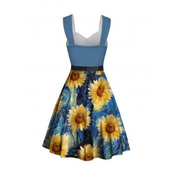 Sweetheart Neck Van Gogh Sunflower Print Mock Button Ruched Bust Tank Belt Renaissance Dress 