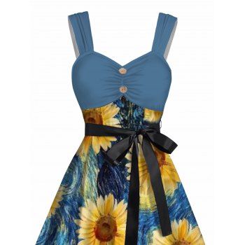 Sweetheart Neck Van Gogh Sunflower Print Mock Button Ruched Bust Tank Belt Renaissance Dress 