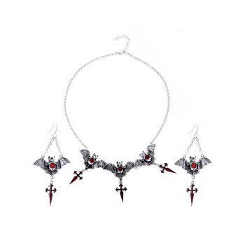 Gothic Ruby Bat Water Drop Earrings and Necklace Suit