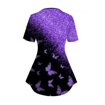 Glitter Butterfly Print V Neck  T-shirt Short Sleeve Waisted Summer Casual Tee