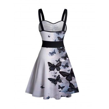 Sweetheart Neck Butterfly Print Ruched Bust Tank Belt Summer Dress