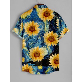 Van Gogh Sunflower Print Women`s Sweetheart Neck Mock Button Dress and Men`s Button Up Shirt Outfit 