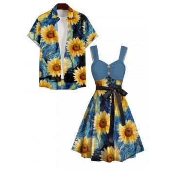 Van Gogh Sunflower Print Women`s Sweetheart Neck Mock Button Dress and Men`s Button Up Shirt Outfit 