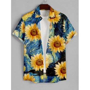 Van Gogh Sunflower Print Women`s Sweetheart Neck Mock Button Dress and Men`s Button Up Shirt Outfit 