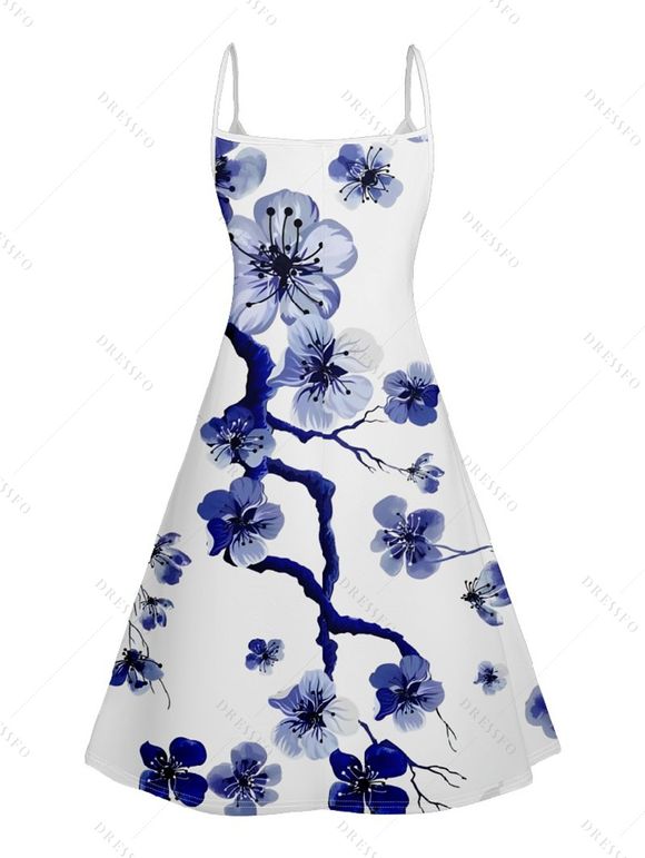 Robe D'Eté Ligne A Fleur de Prunier Imprimée à Bretelle Fine sans Manches - Bleu profond XXL | US 14