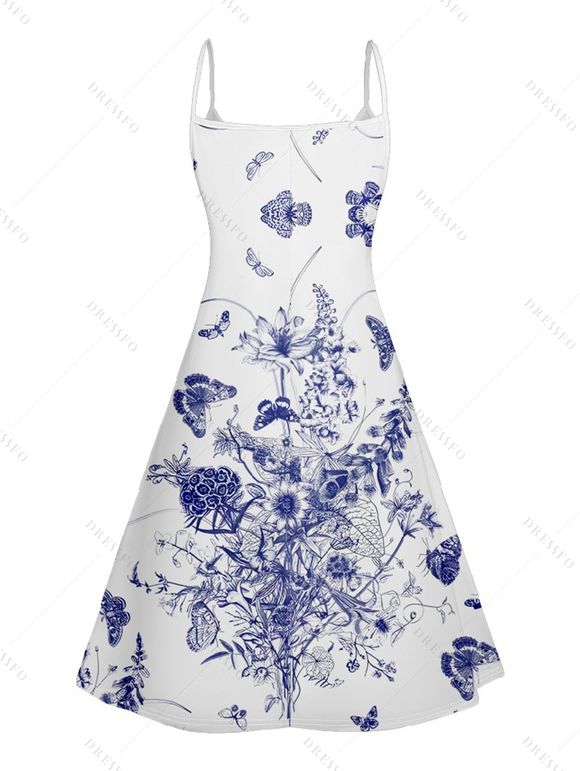Robe D'Eté Ligne A Fleurie Papillon Imprimé à Bretelle Fine sans Manches à Col V - Bleu XXL | US 14