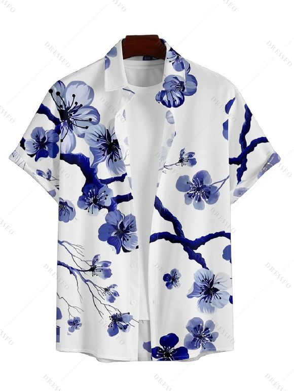 Chemise Décontractée Fleur de Prunier Imprimée Boutonnée à Manches Courtes - Bleu profond 5XL