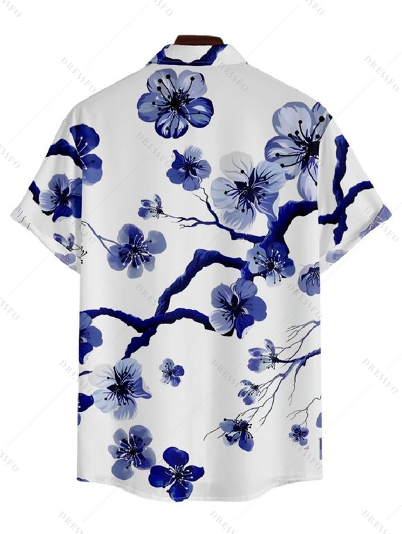 Chemise Décontractée Fleur de Prunier Imprimée Boutonnée à Manches Courtes - Bleu profond S