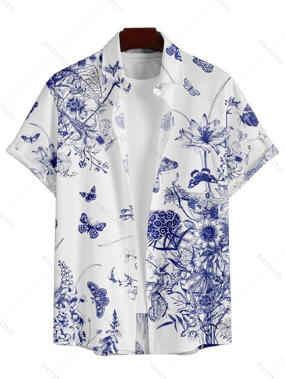 Chemise Décontractée Manches Courtes à Imprimé Papillons et Fleurs avec Boutons pour Hommes - Bleu XL